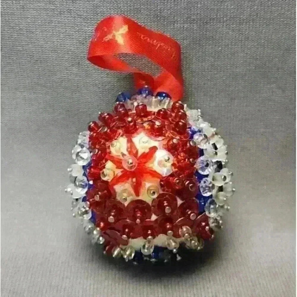 Patriotic America Push Pin Christmas Ornament 2.5" Beaded Red White Blue Sequins - Picture 4 of 6